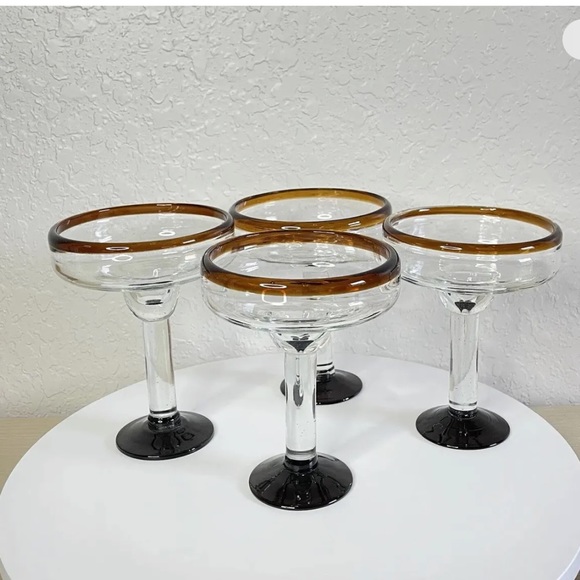 Hand Blown Martini Glasses Brown Rim Set of 4 Beautiful & Heavy - Picture 1 of 6